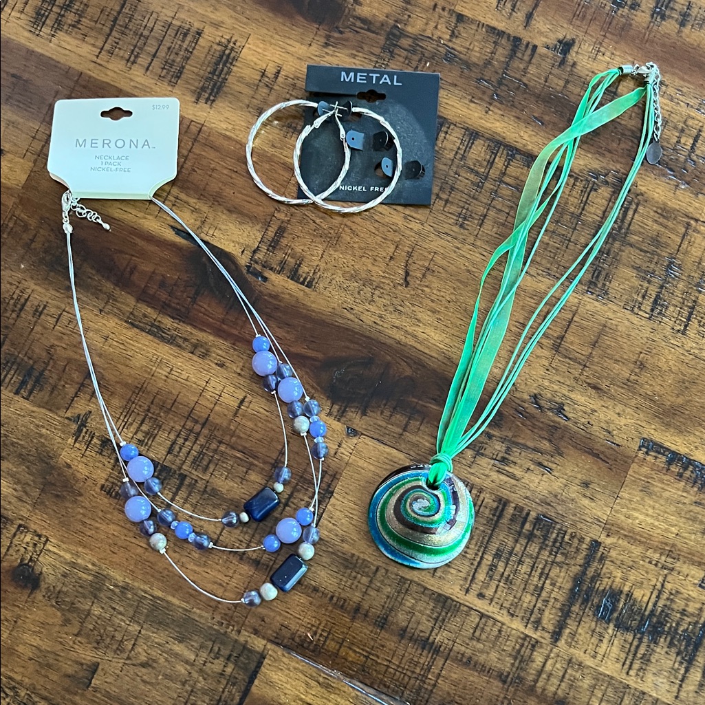 Merona Blue And Green Necklace Set With Hoop Earrings